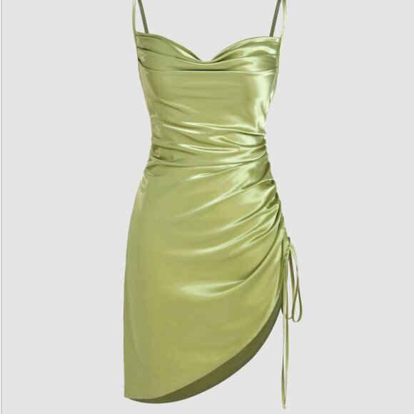 Satin Ruched Cowl Neck Mini Dress - Picture 1 of 6